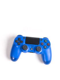 Blue gaming controller on white background.