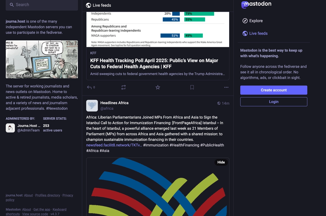 Mastodon live feeds and social media posts displayed.