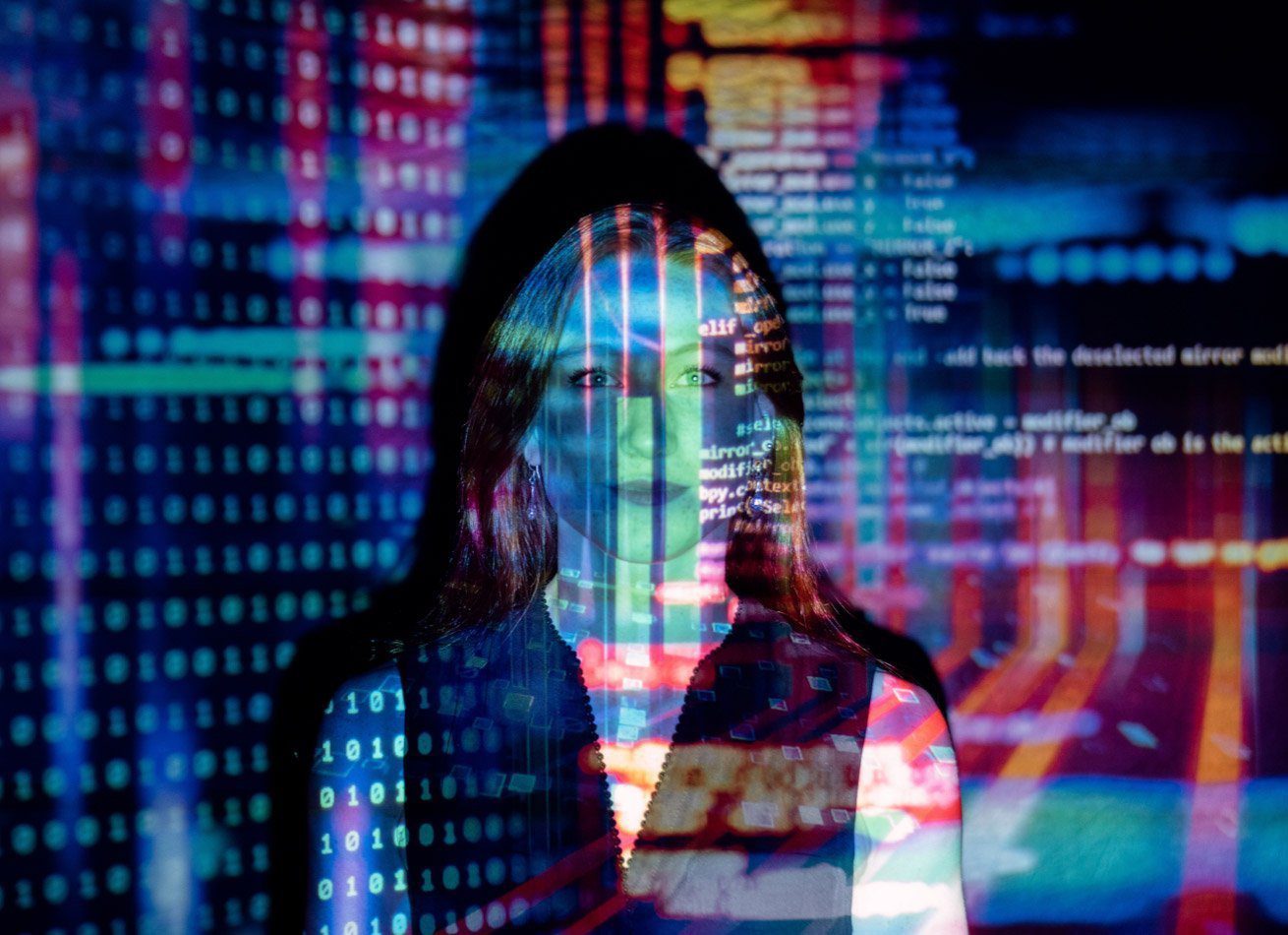 Woman with digital code overlay.
